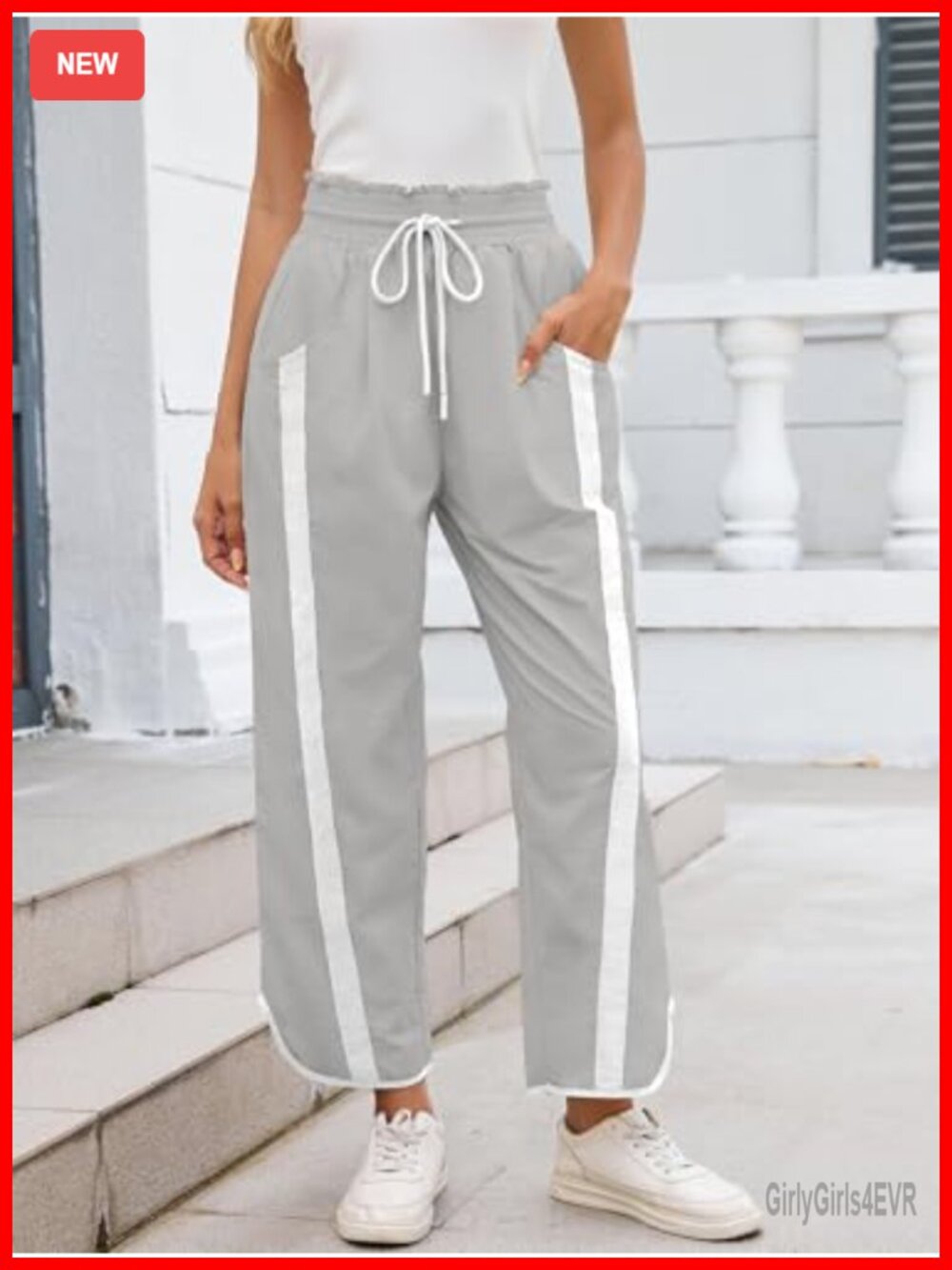 Womens Wide Leg Track Pants Drawstring High Rise Polyamide - Picture 2 of 5